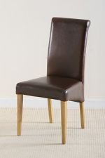 Scroll back Leather Dining Chair with Oak Legs (Brown)
